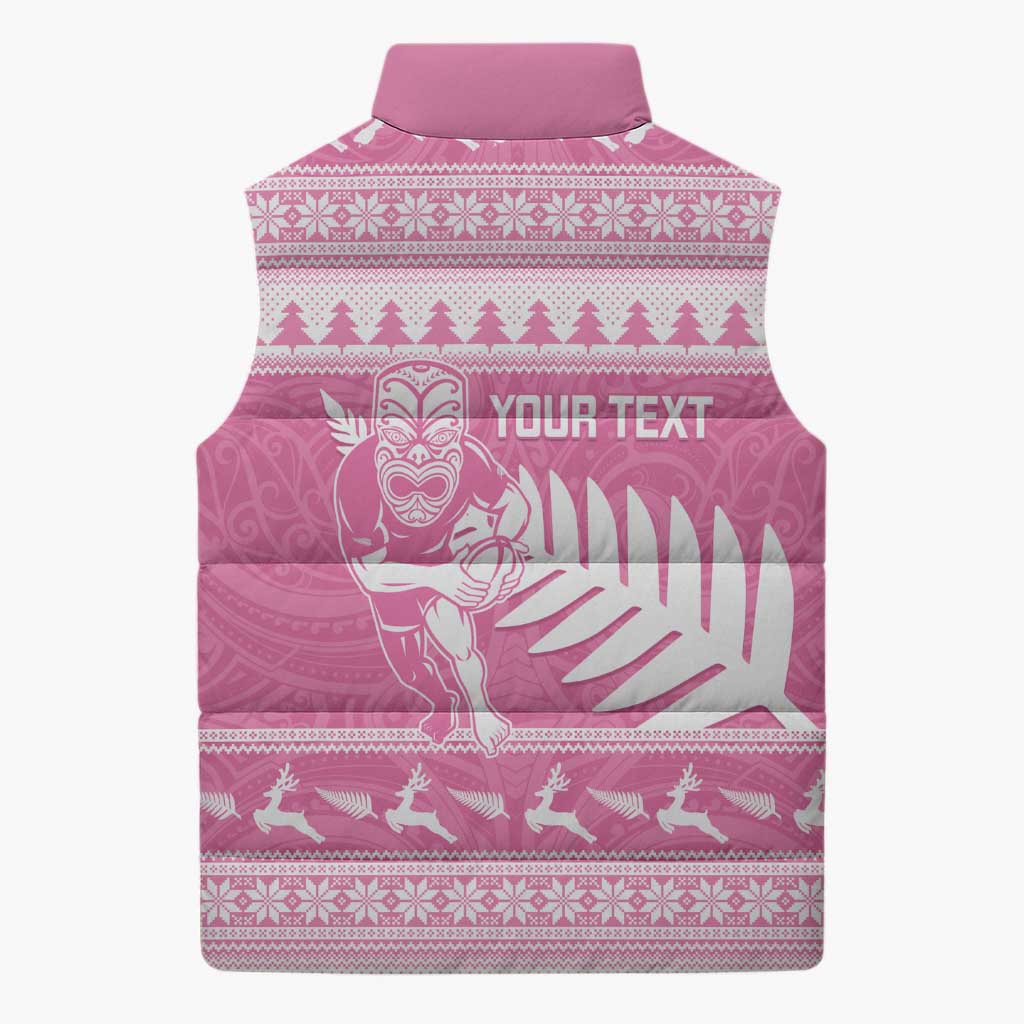 New Zealand Christmas Rugby Personalised Sleeveless Puffer Jacket Meri Kirihimete All Black Maori Pink Version - Aussie Hoodie