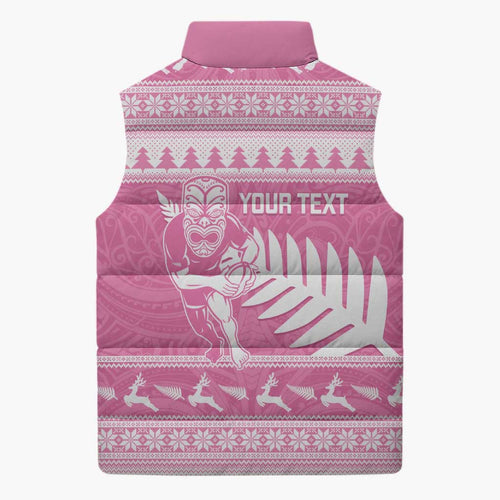 New Zealand Christmas Rugby Personalised Sleeveless Puffer Jacket Meri Kirihimete All Black Maori Pink Version - Aussie Hoodie