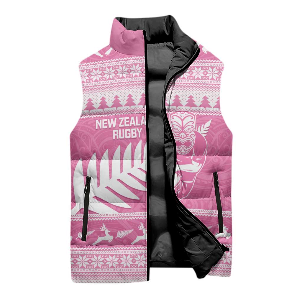 New Zealand Christmas Rugby Personalised Sleeveless Puffer Jacket Meri Kirihimete All Black Maori Pink Version - Aussie Hoodie
