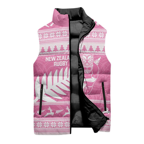 New Zealand Christmas Rugby Personalised Sleeveless Puffer Jacket Meri Kirihimete All Black Maori Pink Version - Aussie Hoodie