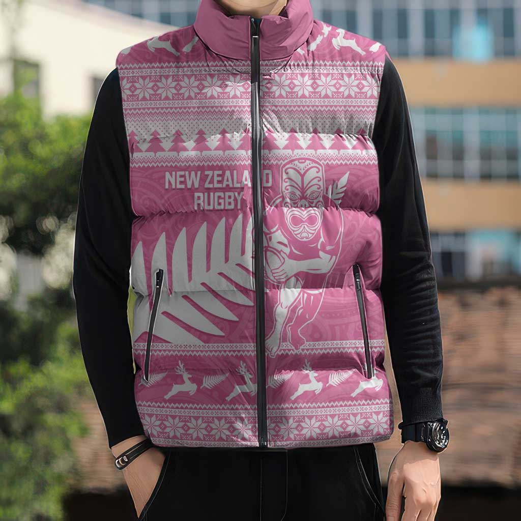 New Zealand Christmas Rugby Personalised Sleeveless Puffer Jacket Meri Kirihimete All Black Maori Pink Version - Aussie Hoodie
