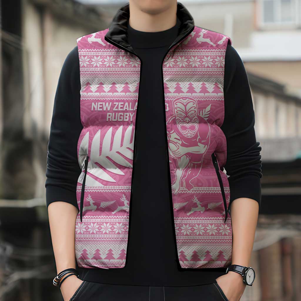 New Zealand Christmas Rugby Personalised Sleeveless Puffer Jacket Meri Kirihimete All Black Maori Pink Version - Aussie Hoodie