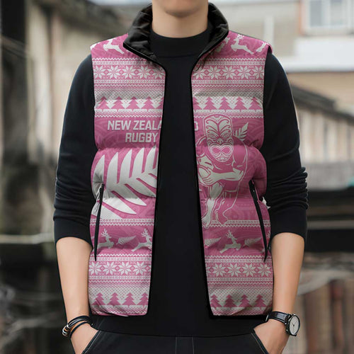 New Zealand Christmas Rugby Personalised Sleeveless Puffer Jacket Meri Kirihimete All Black Maori Pink Version - Aussie Hoodie