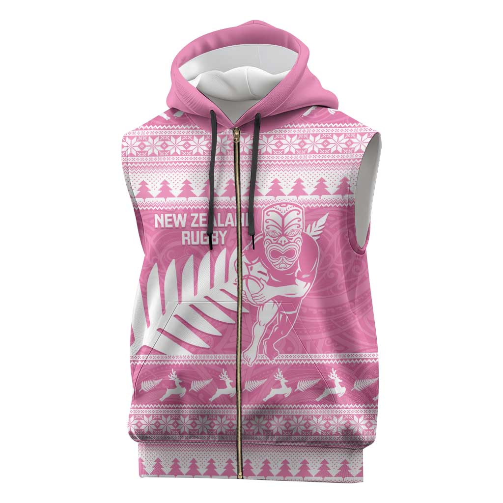 New Zealand Christmas Rugby Personalised Sleeveless Zip Hoodie Meri Kirihimete All Black Maori Pink Version - Aussie Hoodie