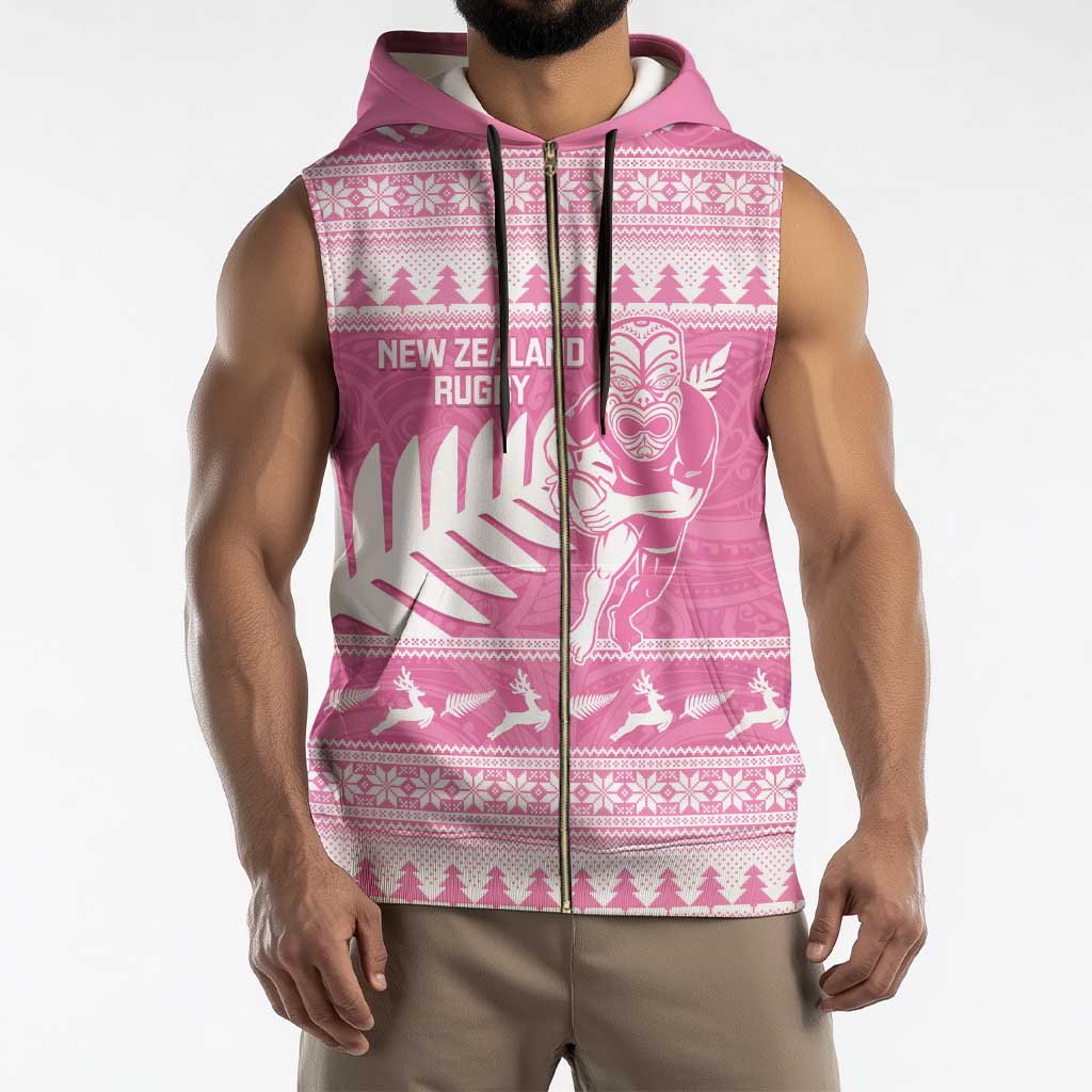 New Zealand Christmas Rugby Personalised Sleeveless Zip Hoodie Meri Kirihimete All Black Maori Pink Version - Aussie Hoodie