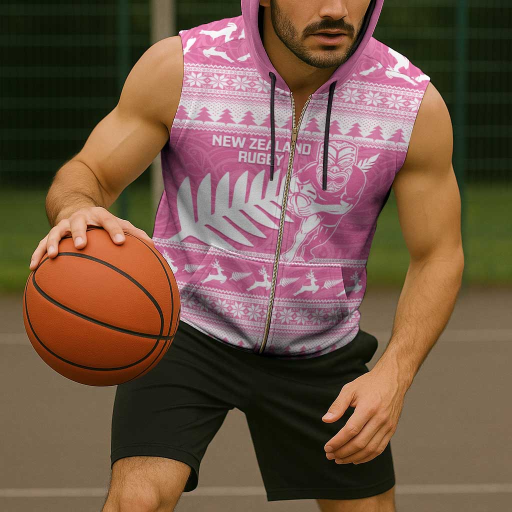 New Zealand Christmas Rugby Personalised Sleeveless Zip Hoodie Meri Kirihimete All Black Maori Pink Version - Aussie Hoodie