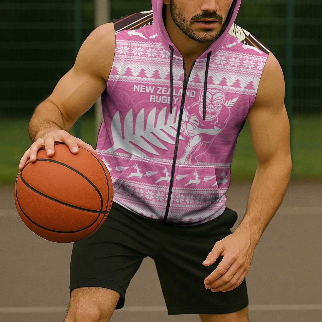 New Zealand Christmas Rugby Personalised Sleeveless Zip Hoodie Meri Kirihimete All Black Maori Pink Version LT14