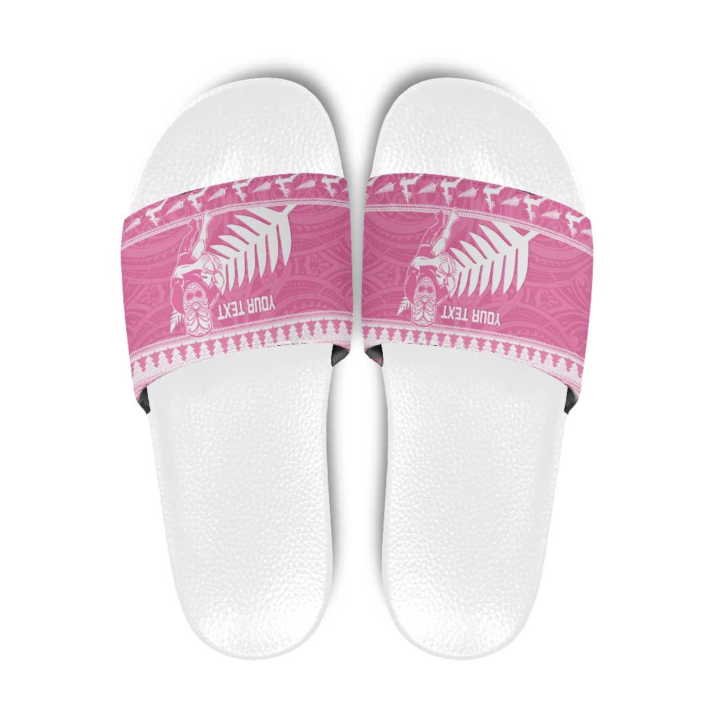 New Zealand Christmas Rugby Personalised Slide Sandals Meri Kirihimete All Black Maori Pink Version - Aussie Hoodie