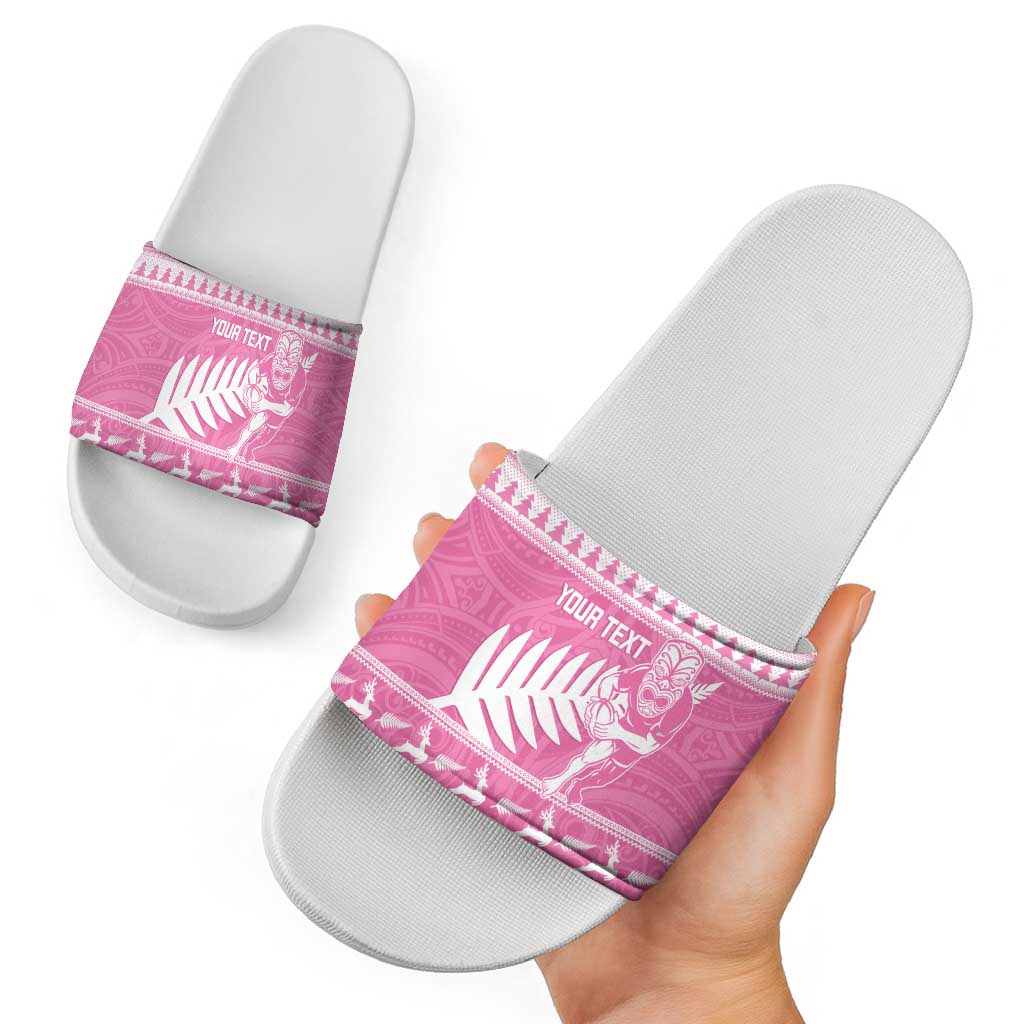 New Zealand Christmas Rugby Personalised Slide Sandals Meri Kirihimete All Black Maori Pink Version - Aussie Hoodie