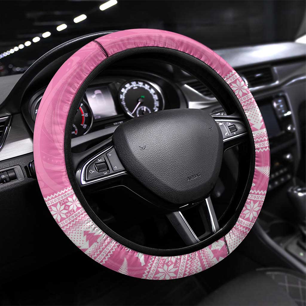 New Zealand Christmas Rugby Steering Wheel Cover Meri Kirihimete All Black Maori Pink Version - Aussie Hoodie