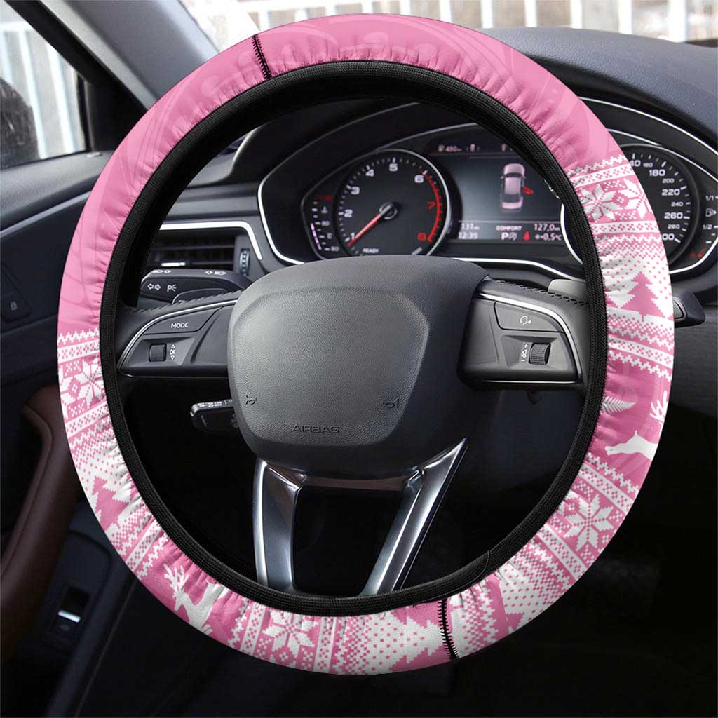 New Zealand Christmas Rugby Steering Wheel Cover Meri Kirihimete All Black Maori Pink Version - Aussie Hoodie