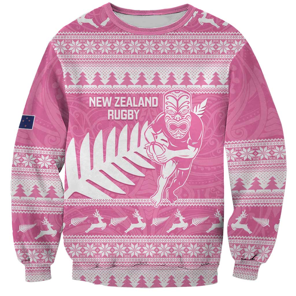 New Zealand Christmas Rugby Personalised Sweatshirt Meri Kirihimete All Black Maori Pink Version - Aussie Hoodie