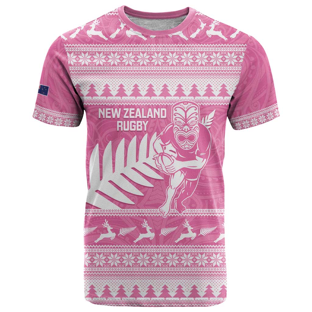 New Zealand Christmas Rugby Personalised T Shirt Meri Kirihimete All Black Maori Pink Version - Aussie Hoodie