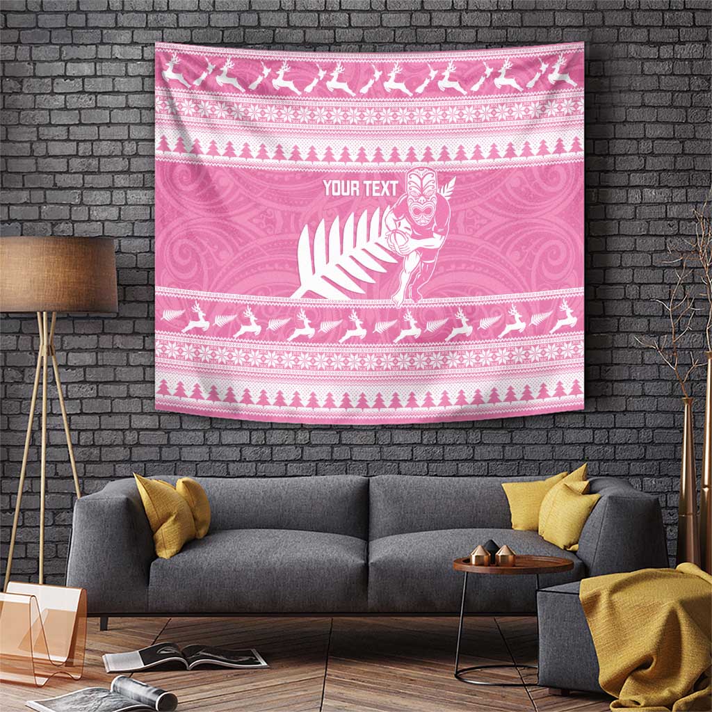 New Zealand Christmas Rugby Personalised Tapestry Meri Kirihimete All Black Maori Pink Version - Aussie Hoodie