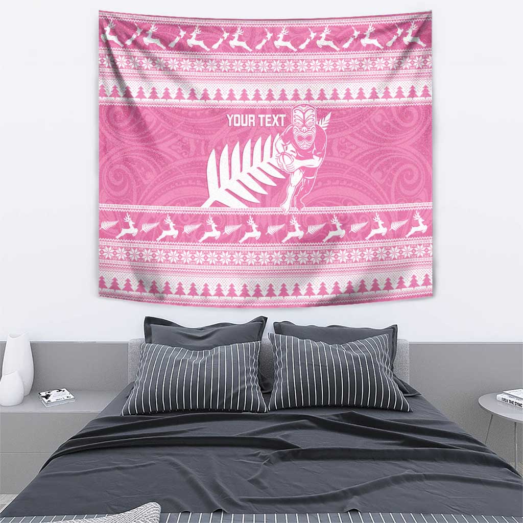 New Zealand Christmas Rugby Personalised Tapestry Meri Kirihimete All Black Maori Pink Version - Aussie Hoodie