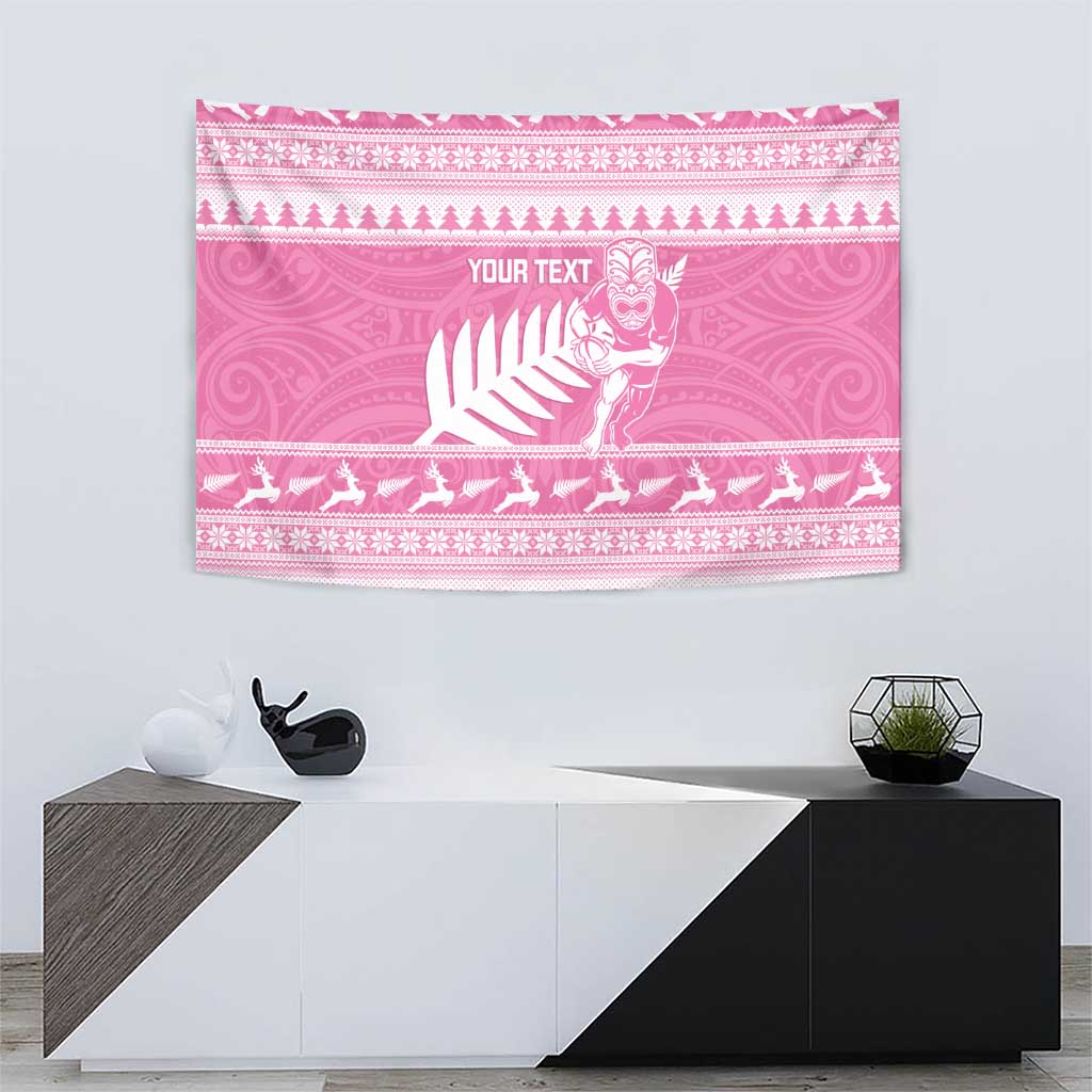 New Zealand Christmas Rugby Personalised Tapestry Meri Kirihimete All Black Maori Pink Version - Aussie Hoodie