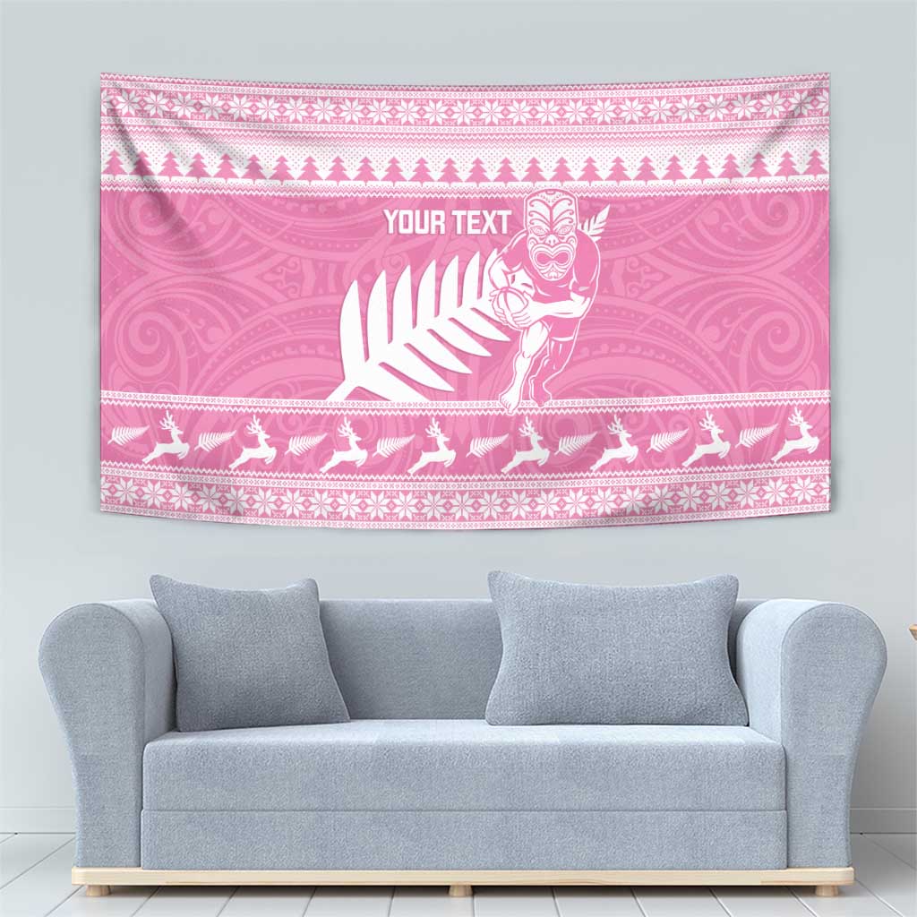 New Zealand Christmas Rugby Personalised Tapestry Meri Kirihimete All Black Maori Pink Version - Aussie Hoodie