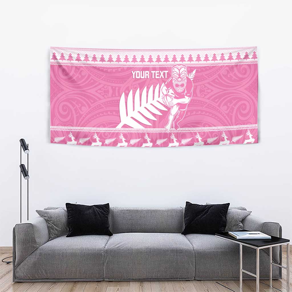 New Zealand Christmas Rugby Personalised Tapestry Meri Kirihimete All Black Maori Pink Version - Aussie Hoodie