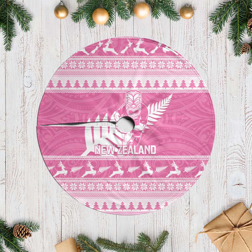 New Zealand Christmas Rugby Tree Skirt Meri Kirihimete All Black Maori Pink Version - Aussie Hoodie