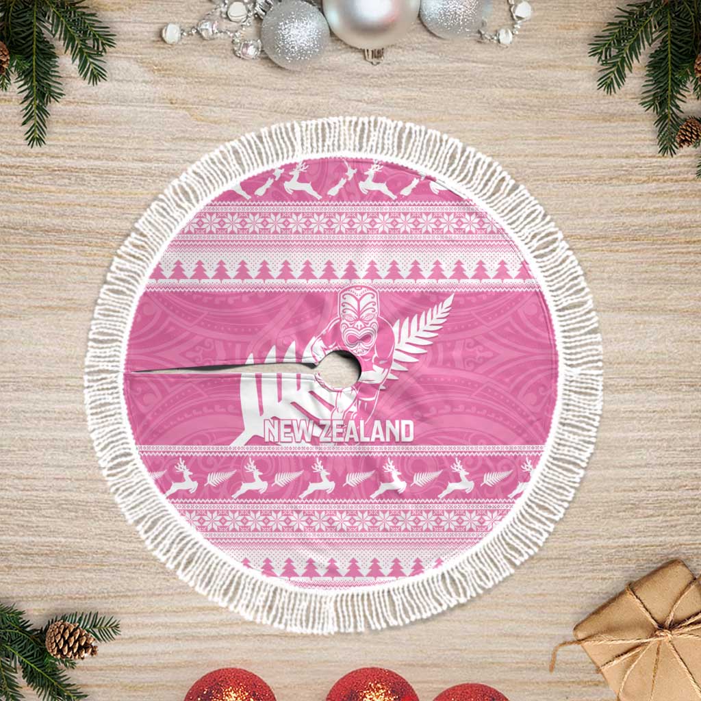 New Zealand Christmas Rugby Tree Skirt Meri Kirihimete All Black Maori Pink Version - Aussie Hoodie