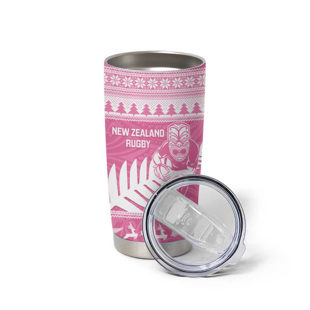 New Zealand Christmas Rugby Personalised Tumbler Cup Meri Kirihimete All Black Maori Pink Version - Aussie Hoodie