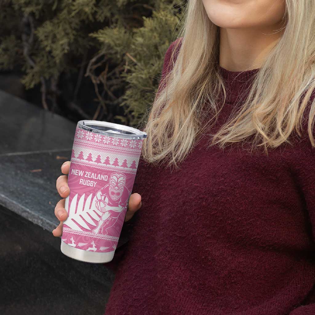 New Zealand Christmas Rugby Personalised Tumbler Cup Meri Kirihimete All Black Maori Pink Version - Aussie Hoodie