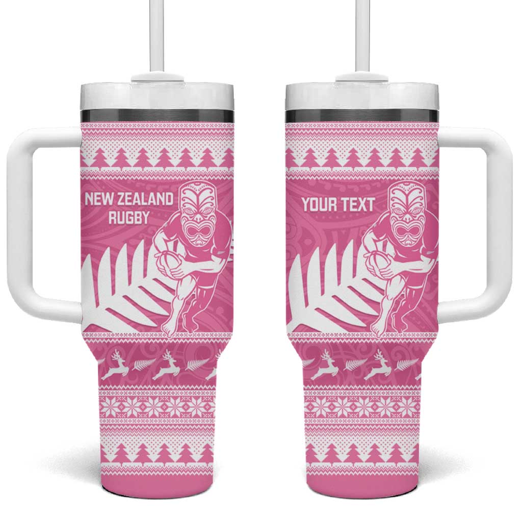 New Zealand Christmas Rugby Personalised Tumbler With Handle Meri Kirihimete All Black Maori Pink Version - Aussie Hoodie