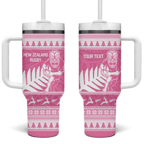 New Zealand Christmas Rugby Personalised Tumbler With Handle Meri Kirihimete All Black Maori Pink Version - Aussie Hoodie