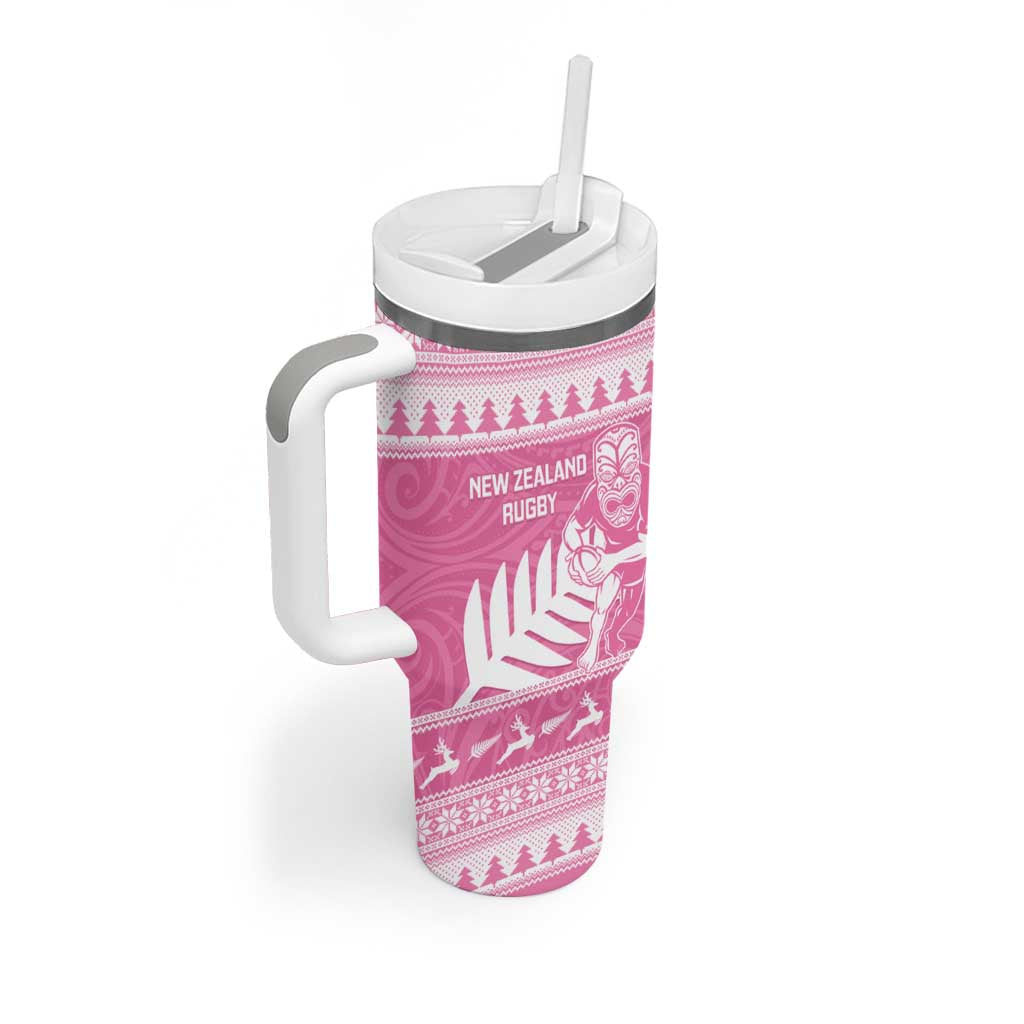 New Zealand Christmas Rugby Personalised Tumbler With Handle Meri Kirihimete All Black Maori Pink Version - Aussie Hoodie