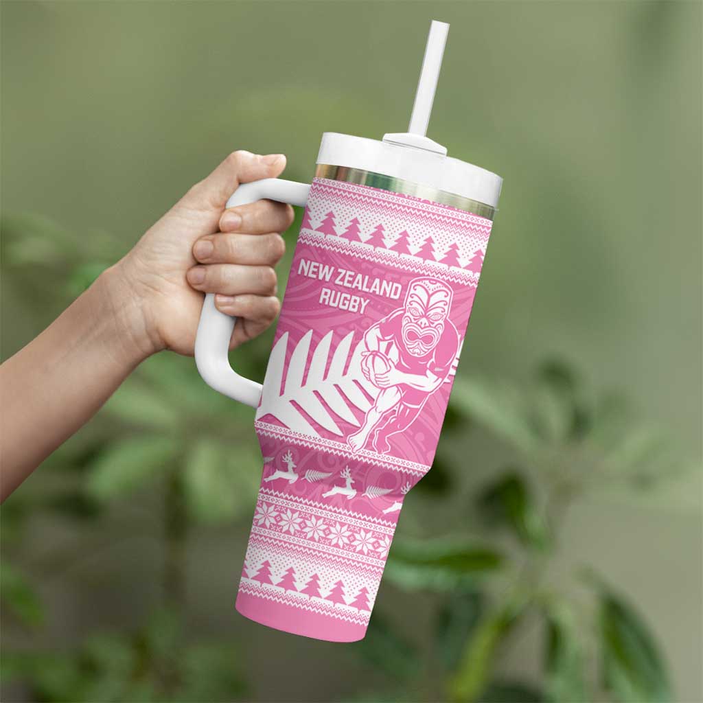 New Zealand Christmas Rugby Personalised Tumbler With Handle Meri Kirihimete All Black Maori Pink Version - Aussie Hoodie