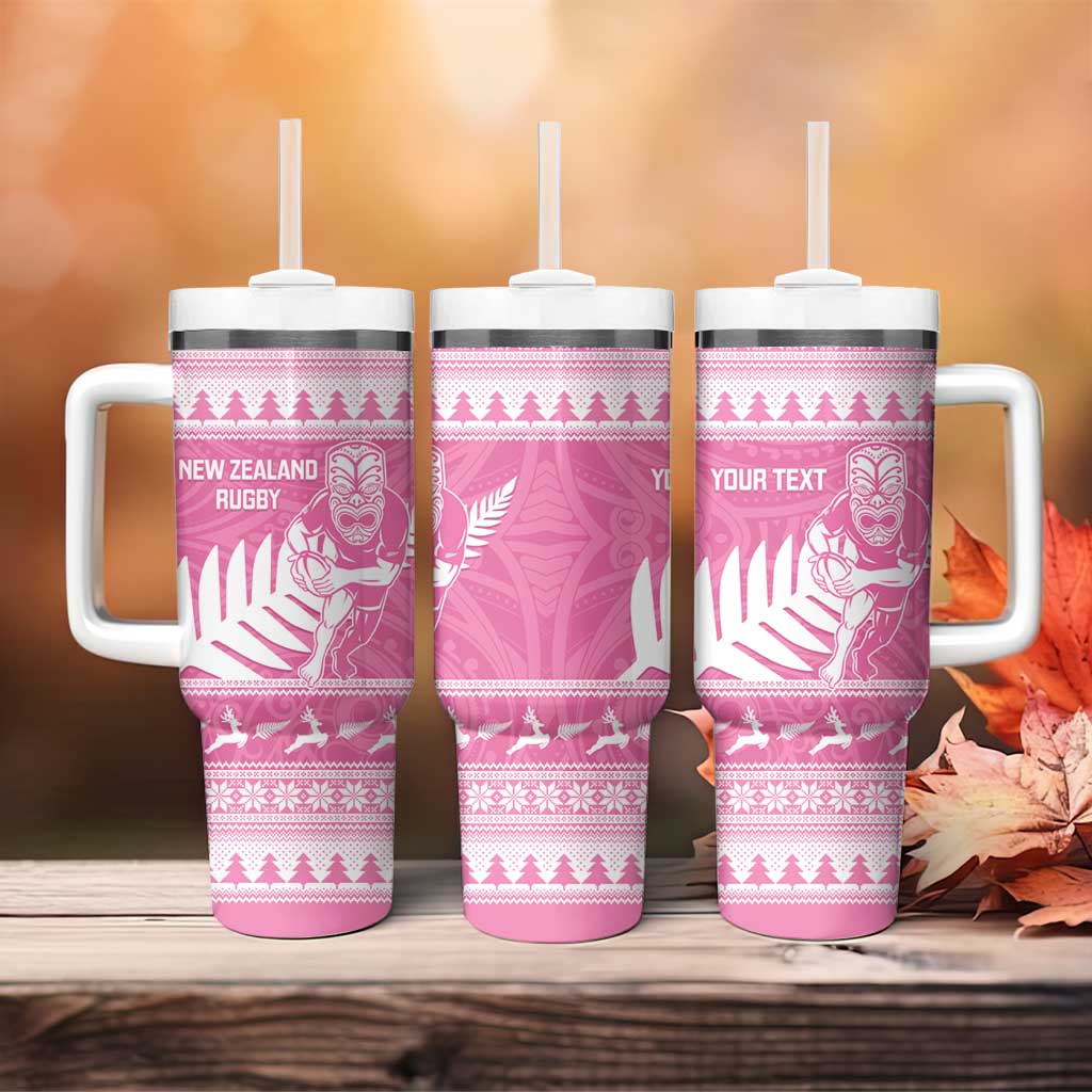 New Zealand Christmas Rugby Personalised Tumbler With Handle Meri Kirihimete All Black Maori Pink Version - Aussie Hoodie
