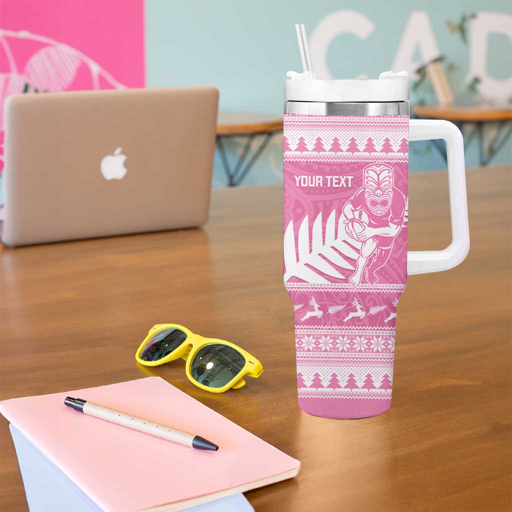 New Zealand Christmas Rugby Personalised Tumbler With Handle Meri Kirihimete All Black Maori Pink Version - Aussie Hoodie