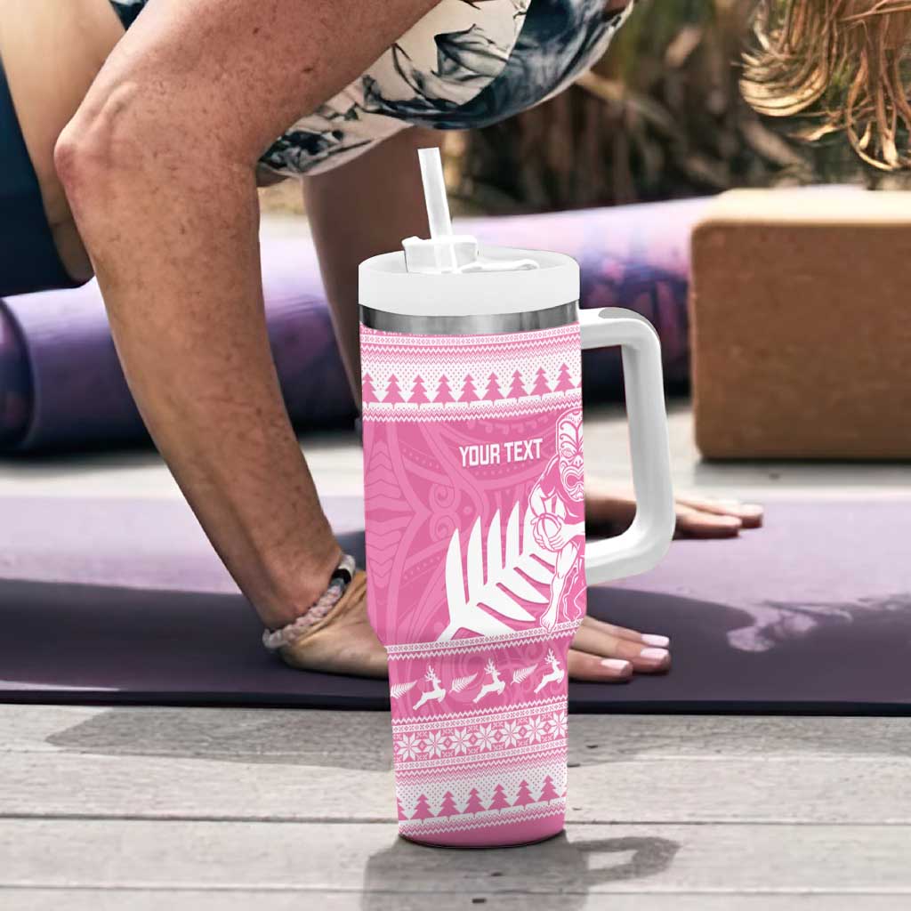 New Zealand Christmas Rugby Personalised Tumbler With Handle Meri Kirihimete All Black Maori Pink Version - Aussie Hoodie