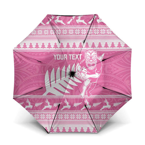 New Zealand Christmas Rugby Personalised Umbrella Meri Kirihimete All Black Maori Pink Version - Aussie Hoodie