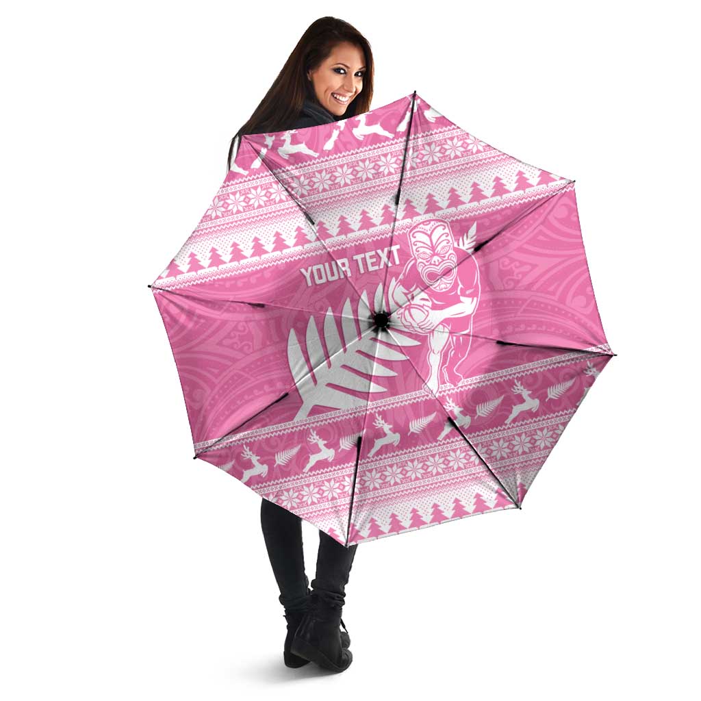 New Zealand Christmas Rugby Personalised Umbrella Meri Kirihimete All Black Maori Pink Version - Aussie Hoodie