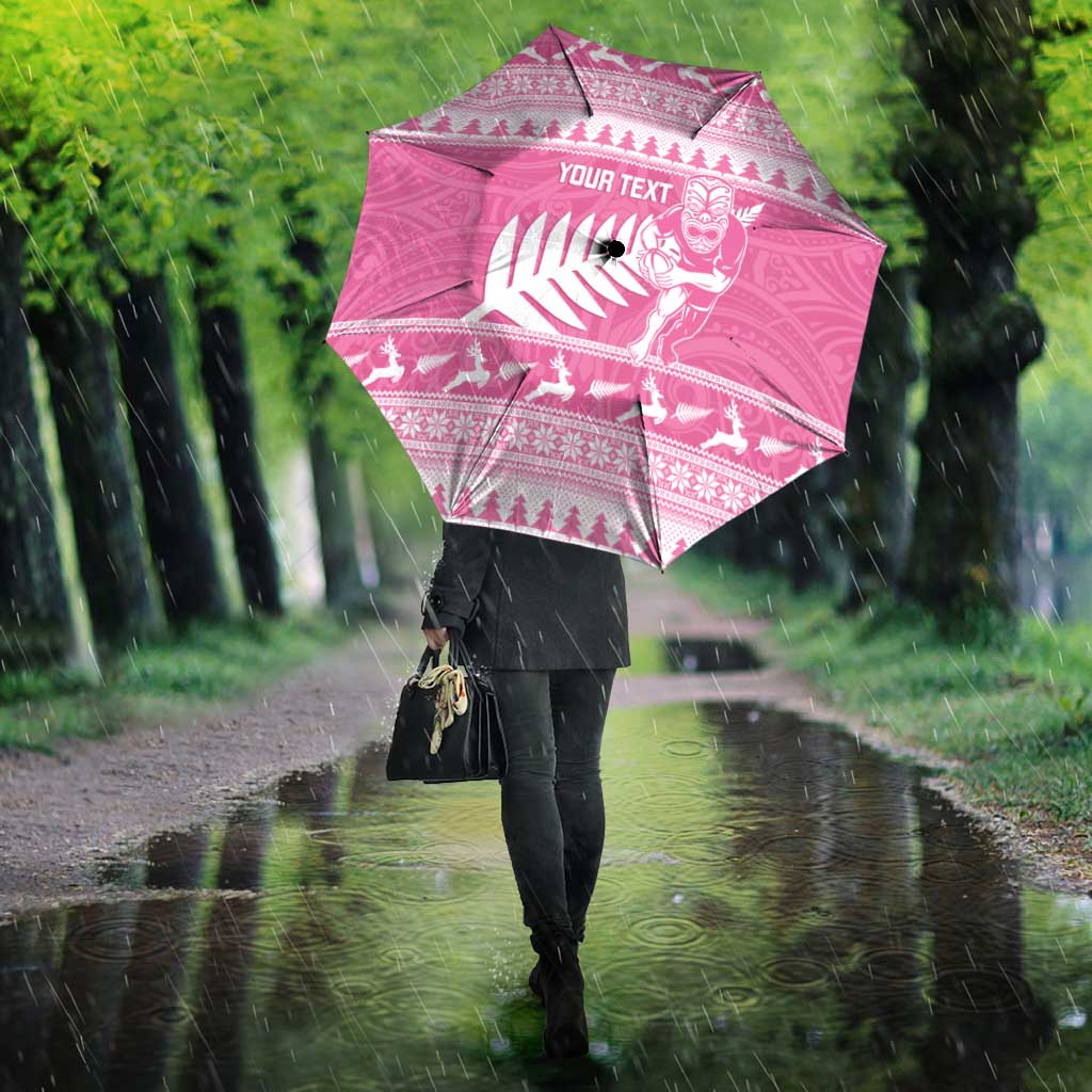 New Zealand Christmas Rugby Personalised Umbrella Meri Kirihimete All Black Maori Pink Version - Aussie Hoodie