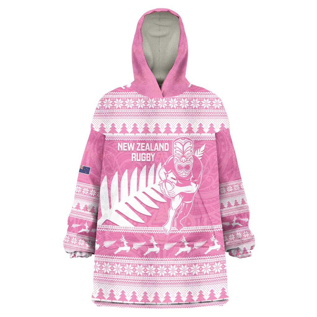 New Zealand Christmas Rugby Personalised Wearable Blanket Hoodie Meri Kirihimete All Black Maori Pink Version - Aussie Hoodie