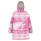 New Zealand Christmas Rugby Personalised Wearable Blanket Hoodie Meri Kirihimete All Black Maori Pink Version - Aussie Hoodie