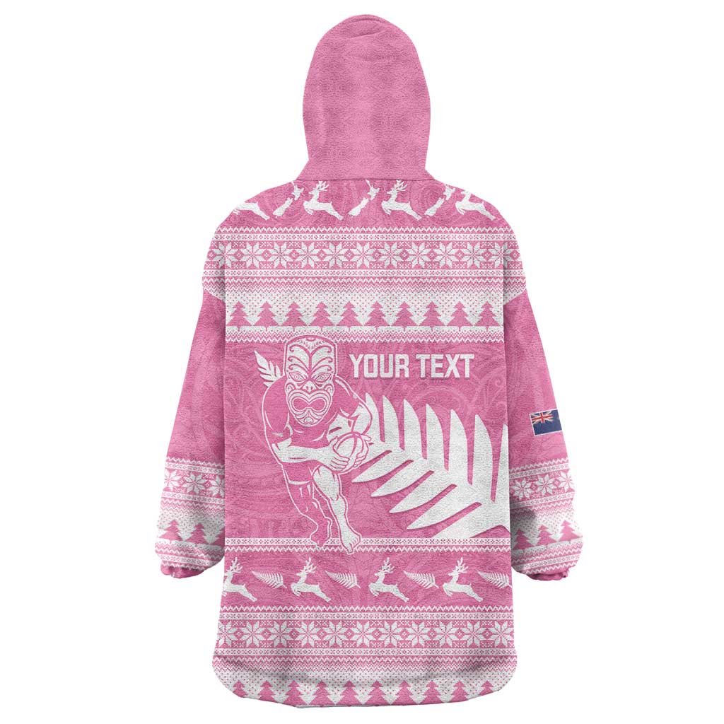 New Zealand Christmas Rugby Personalised Wearable Blanket Hoodie Meri Kirihimete All Black Maori Pink Version - Aussie Hoodie