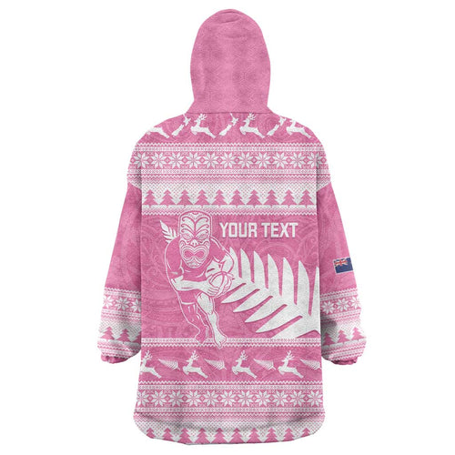 New Zealand Christmas Rugby Personalised Wearable Blanket Hoodie Meri Kirihimete All Black Maori Pink Version - Aussie Hoodie
