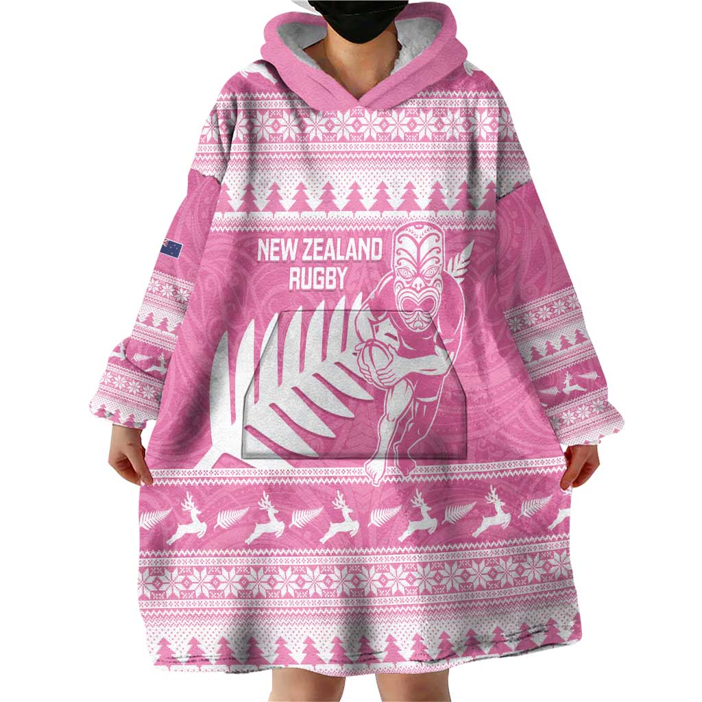 New Zealand Christmas Rugby Personalised Wearable Blanket Hoodie Meri Kirihimete All Black Maori Pink Version - Aussie Hoodie