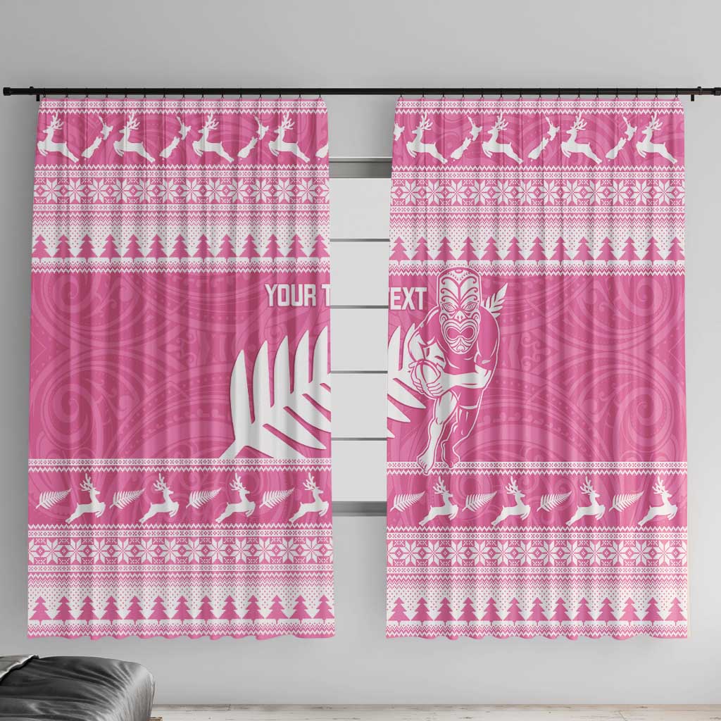 New Zealand Christmas Rugby Personalised Window Curtain Meri Kirihimete All Black Maori Pink Version - Aussie Hoodie