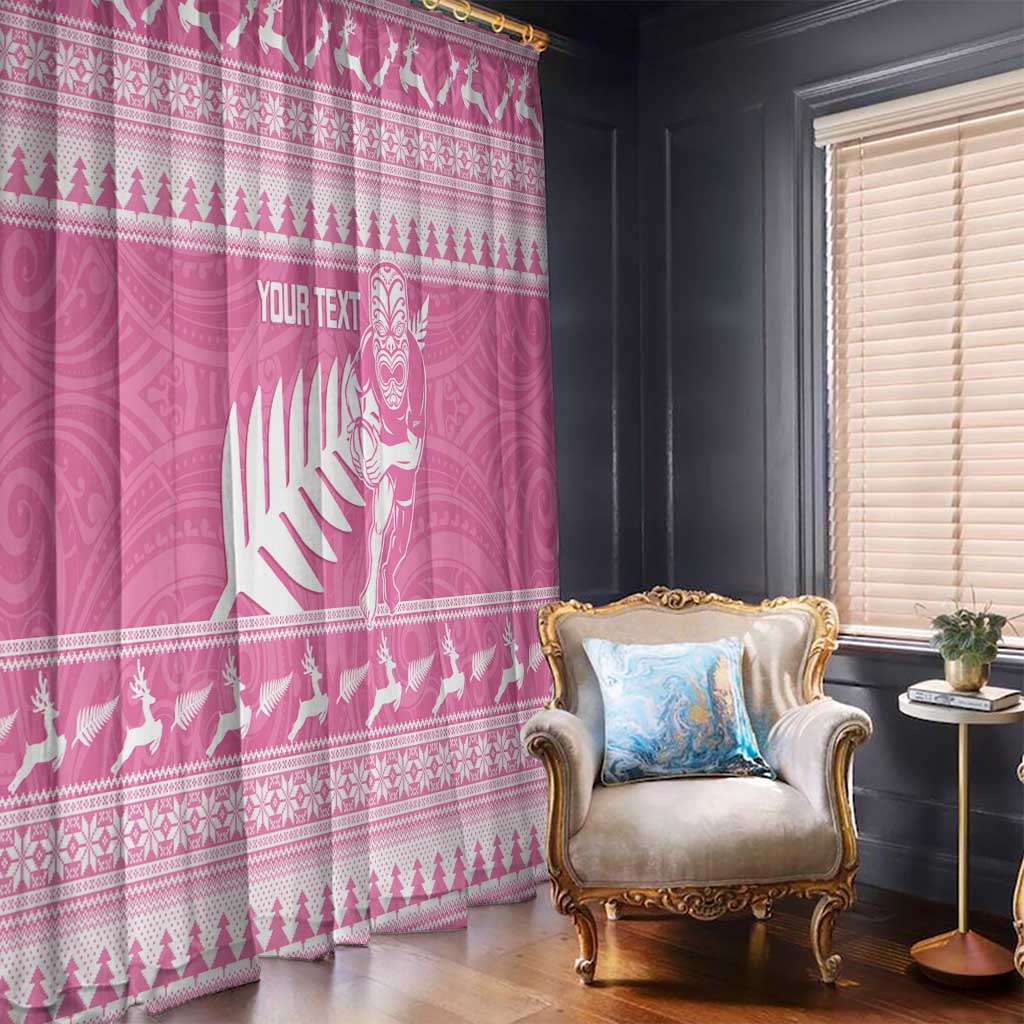 New Zealand Christmas Rugby Personalised Window Curtain Meri Kirihimete All Black Maori Pink Version - Aussie Hoodie