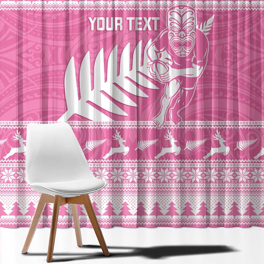 New Zealand Christmas Rugby Personalised Window Curtain Meri Kirihimete All Black Maori Pink Version - Aussie Hoodie