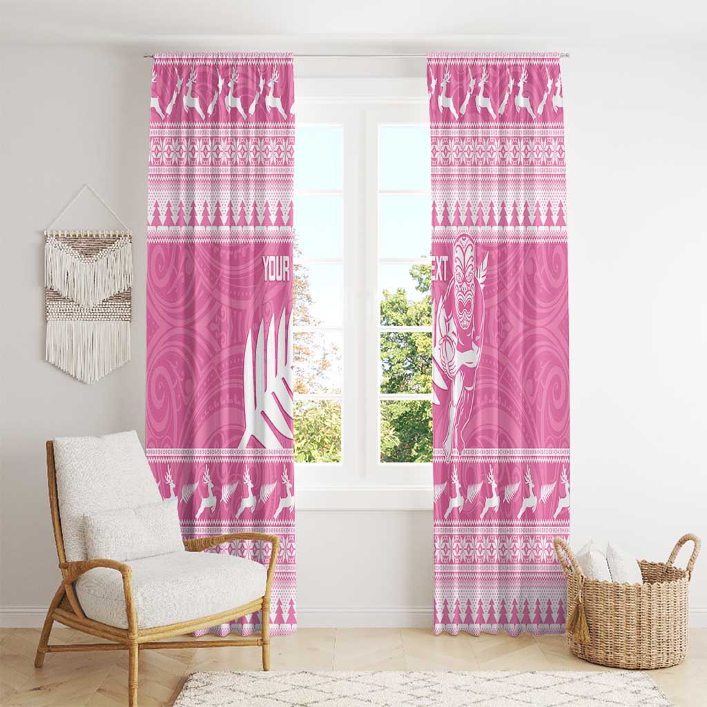 New Zealand Christmas Rugby Personalised Window Curtain Meri Kirihimete All Black Maori Pink Version - Aussie Hoodie