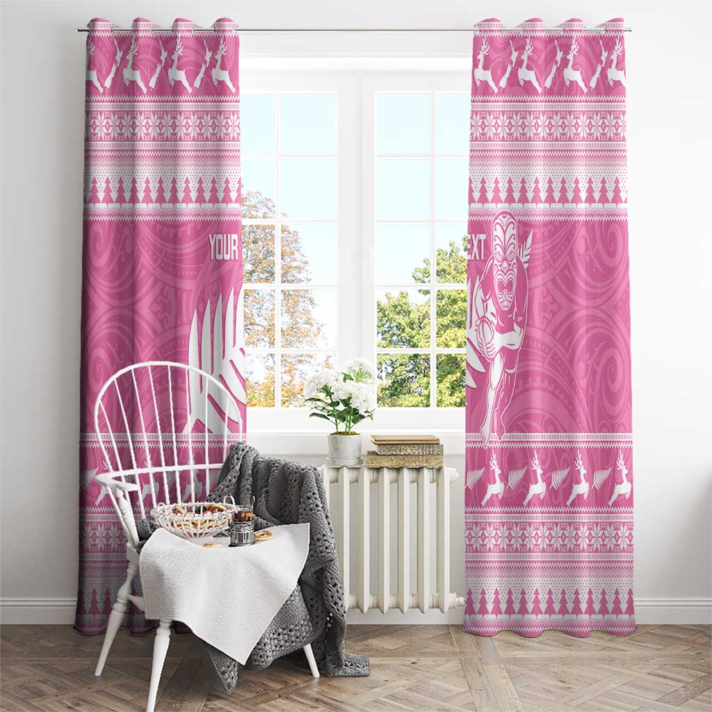New Zealand Christmas Rugby Personalised Window Curtain Meri Kirihimete All Black Maori Pink Version - Aussie Hoodie