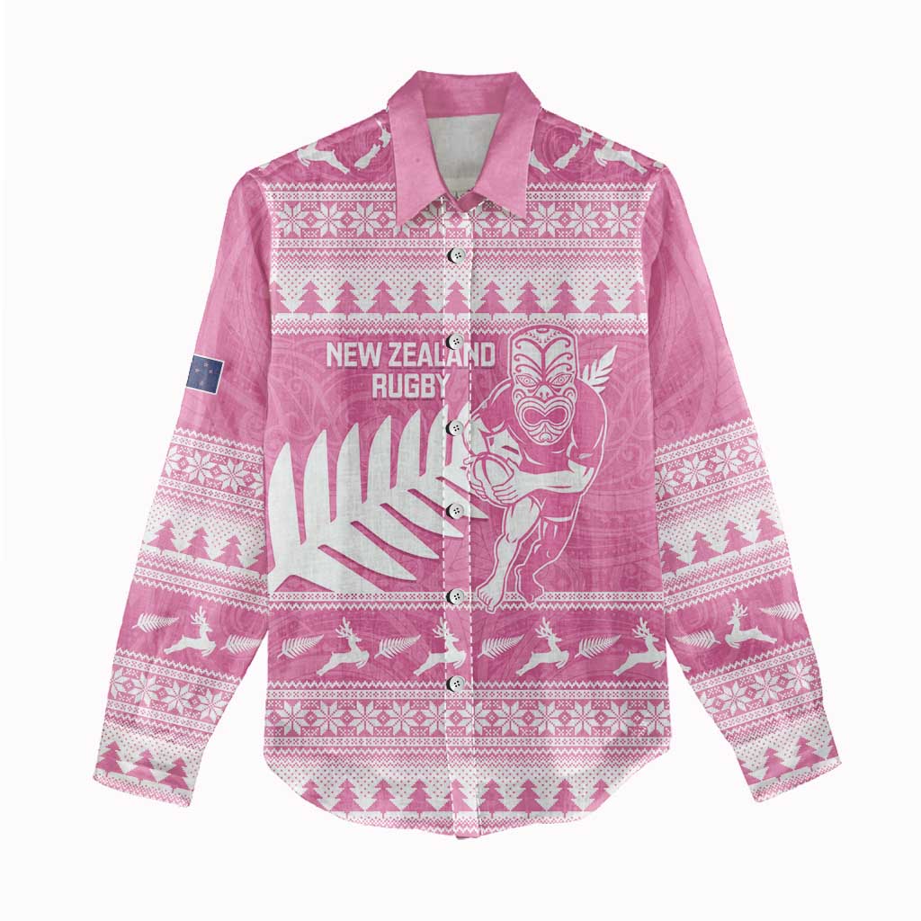 New Zealand Christmas Rugby Personalised Women Casual Shirt Meri Kirihimete All Black Maori Pink Version - Aussie Hoodie