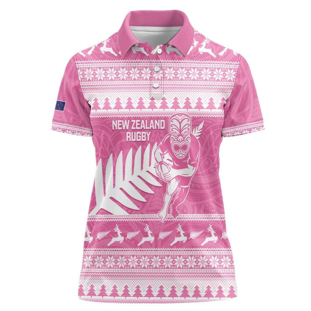 New Zealand Christmas Rugby Personalised Women Polo Shirt Meri Kirihimete All Black Maori Pink Version - Aussie Hoodie