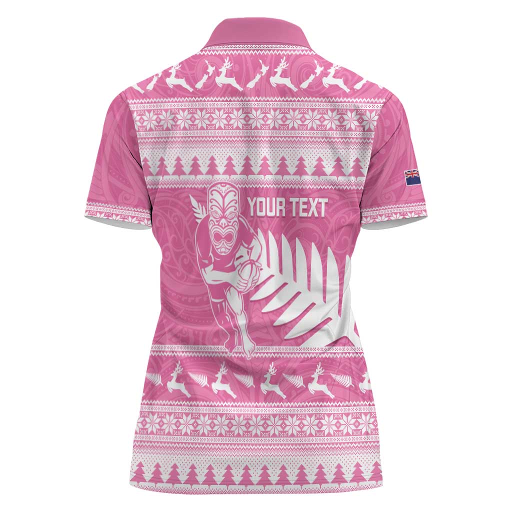 New Zealand Christmas Rugby Personalised Women Polo Shirt Meri Kirihimete All Black Maori Pink Version - Aussie Hoodie
