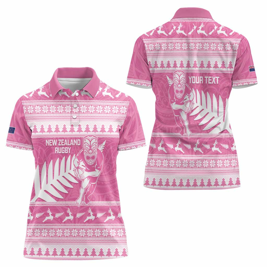 New Zealand Christmas Rugby Personalised Women Polo Shirt Meri Kirihimete All Black Maori Pink Version - Aussie Hoodie